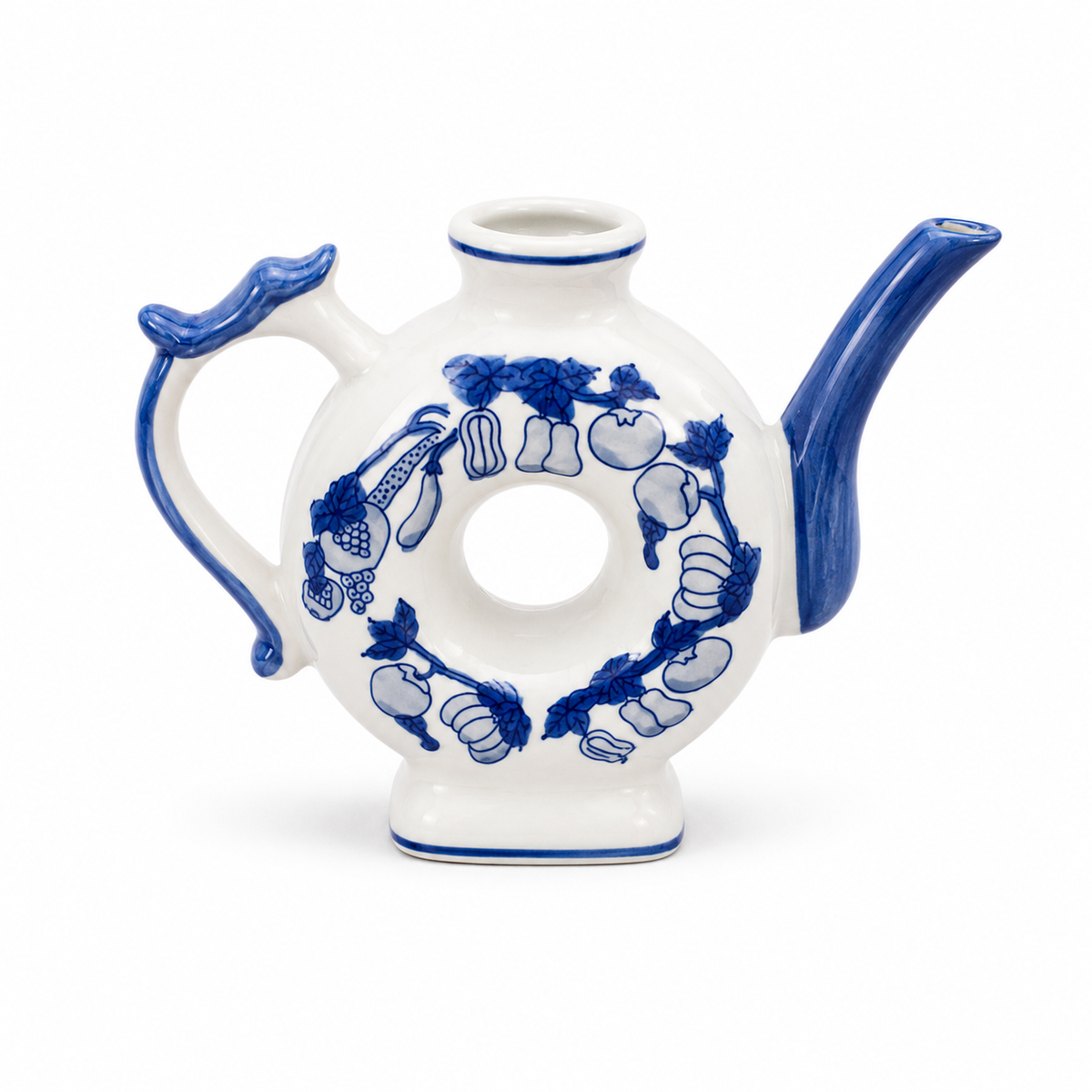 1980s Home Essentials Donut Shaped Porcelain Teapot - Fruit Pattern