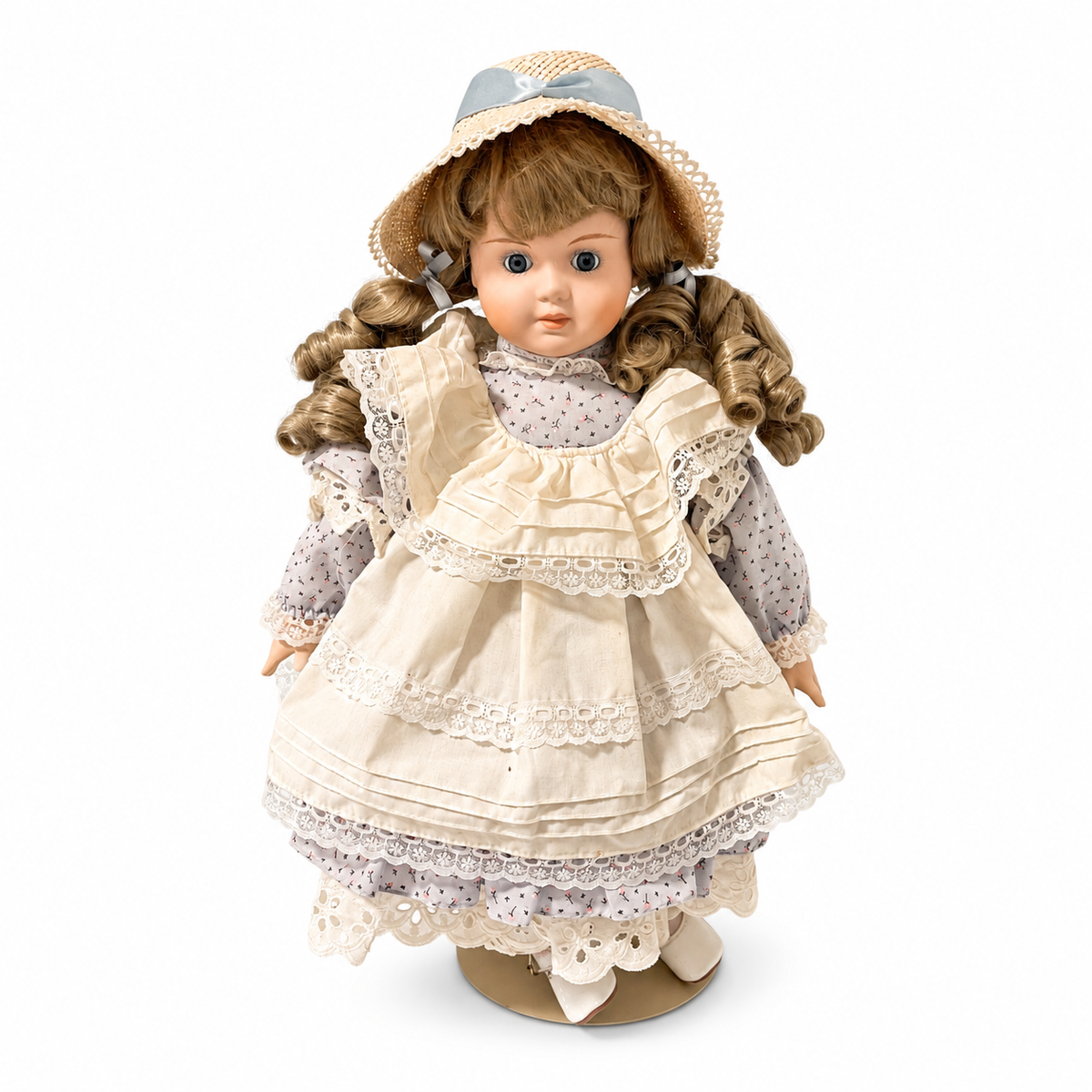 Vintage Porcelain Doll with Stand and Blue Linen Dress - Taiwan R.O.C