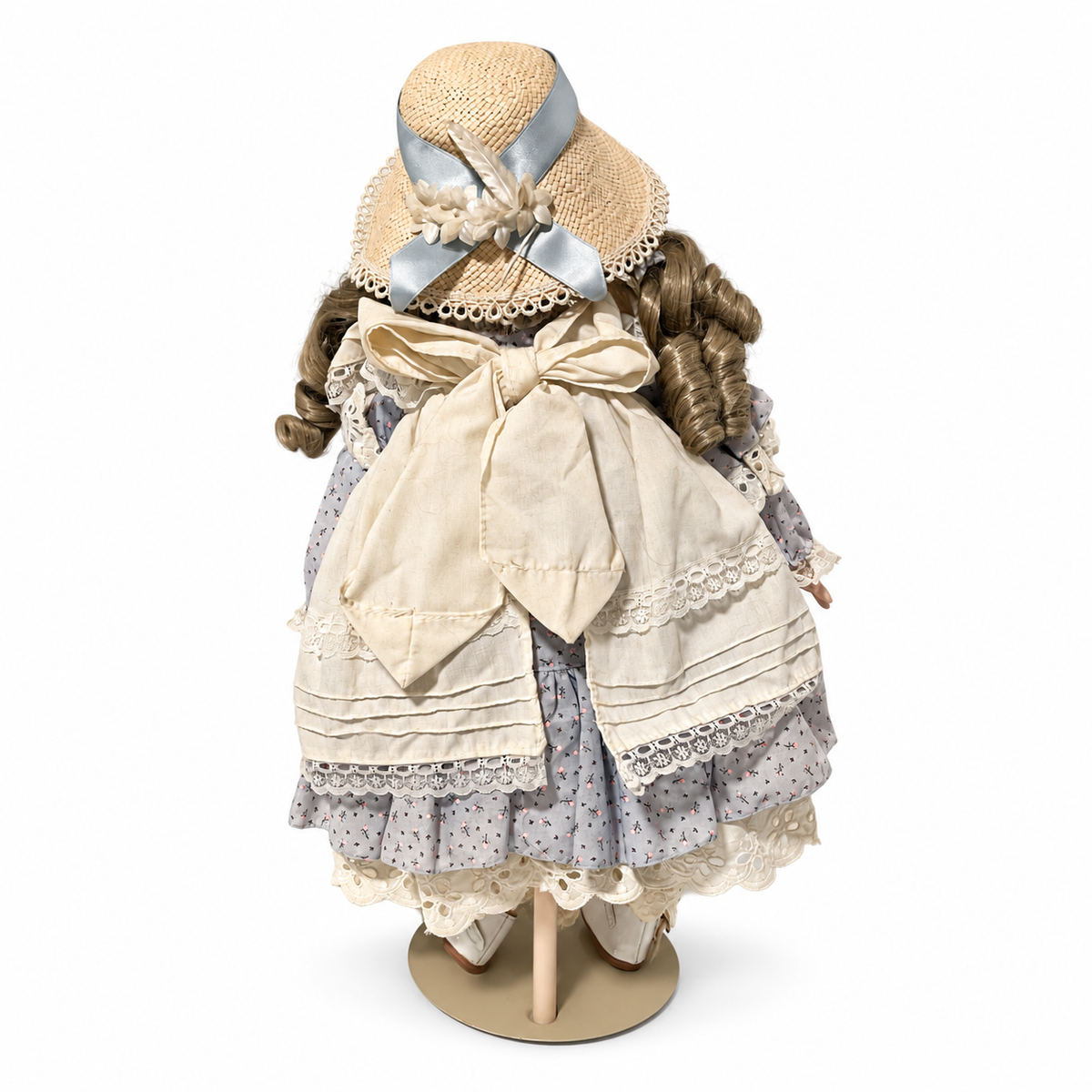 Vintage Porcelain Doll with Stand and Blue Linen Dress - Taiwan R.O.C