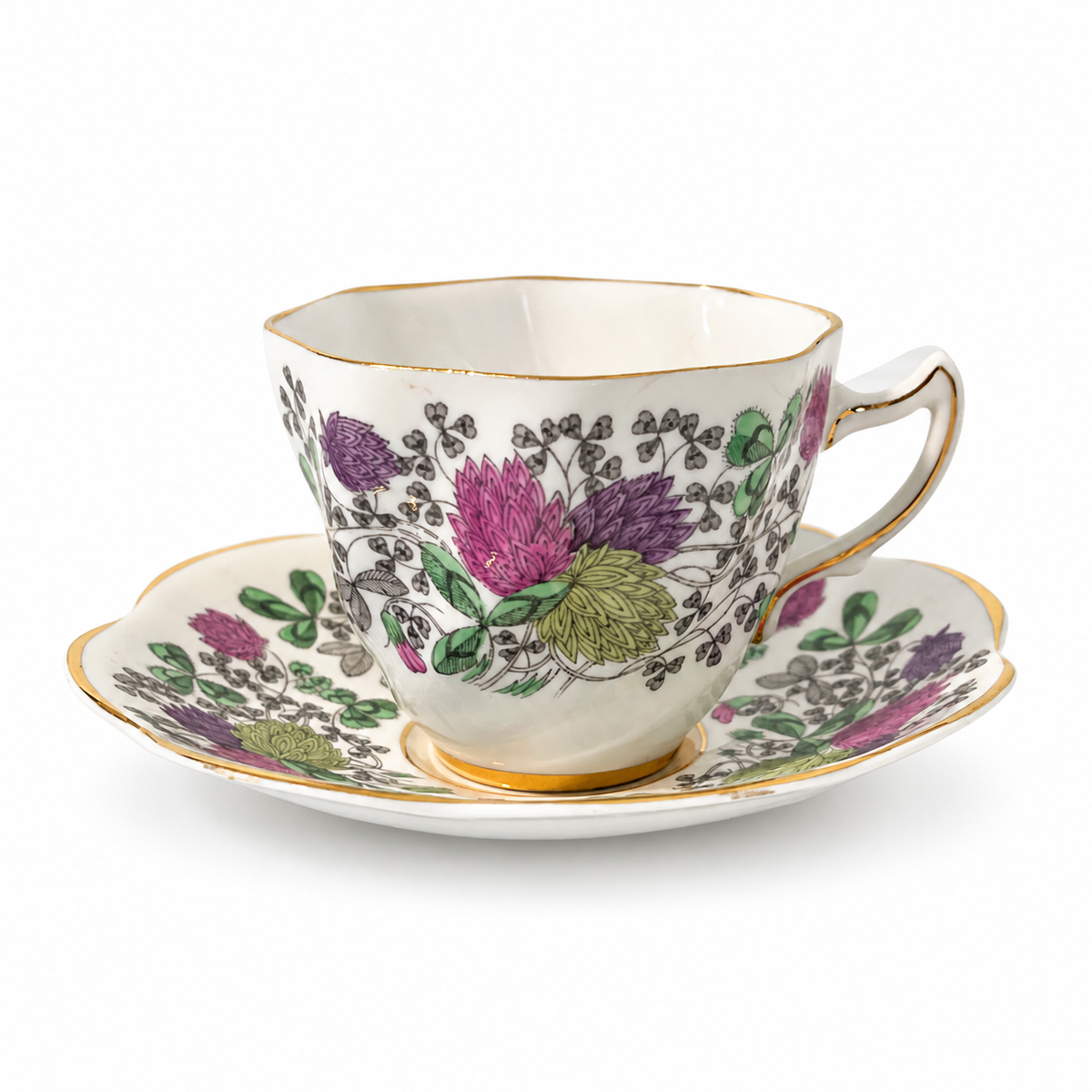 Vintage Rosina Purple Floral Bone China Teacup and Saucer - England