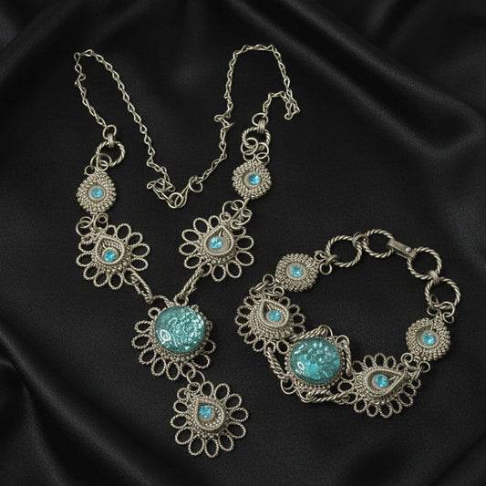 Antique Selesia Iron Wirework Blue Czech Glass Necklace & Bracelet Set