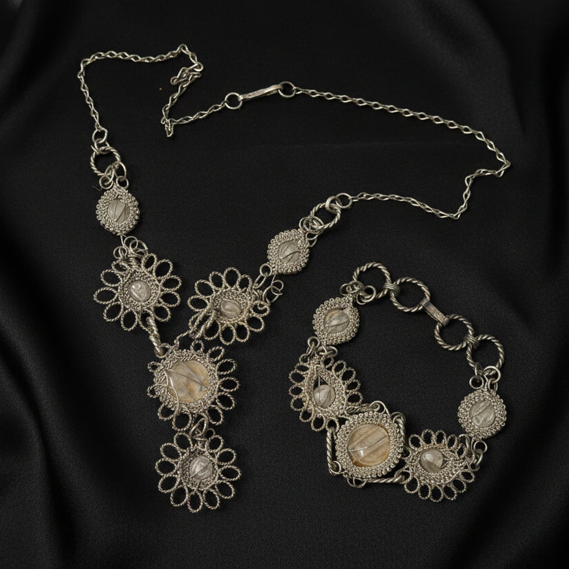 Antique Selesia Iron Wirework Blue Czech Glass Necklace & Bracelet Set