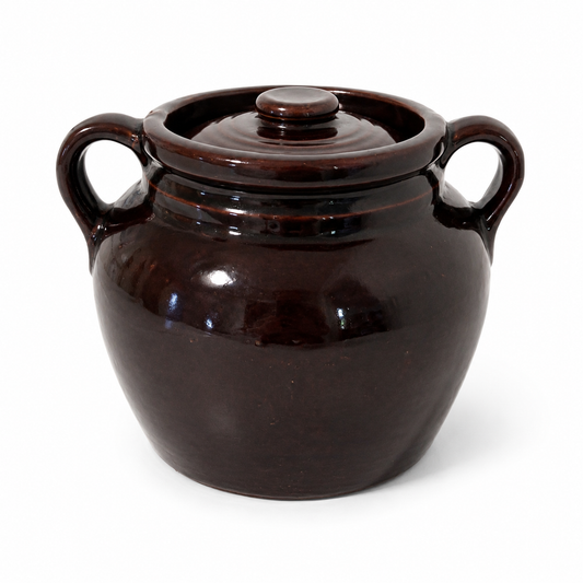 Vintage Brown Stoneware Bean Pot with Lid - USA Rustic Pottery Crock