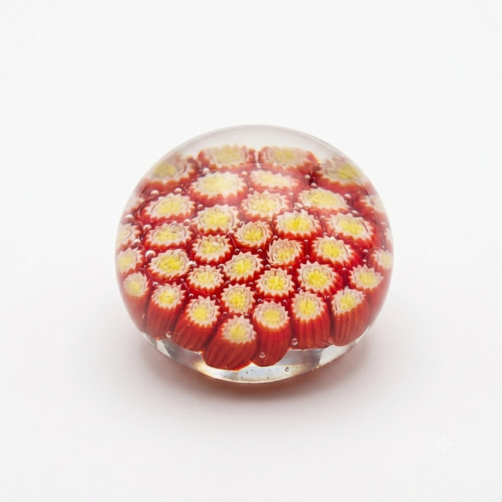 Vintage Hand Blown Art Glass Paperweight - Red & Yellow with Bubbles