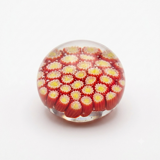Vintage Hand Blown Art Glass Paperweight - Red & Yellow with Bubbles