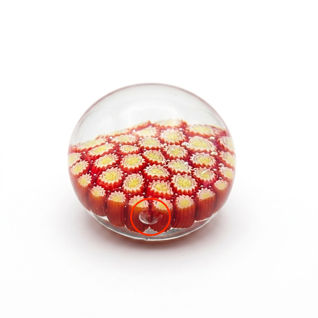 Vintage Hand Blown Art Glass Paperweight - Red & Yellow with Bubbles