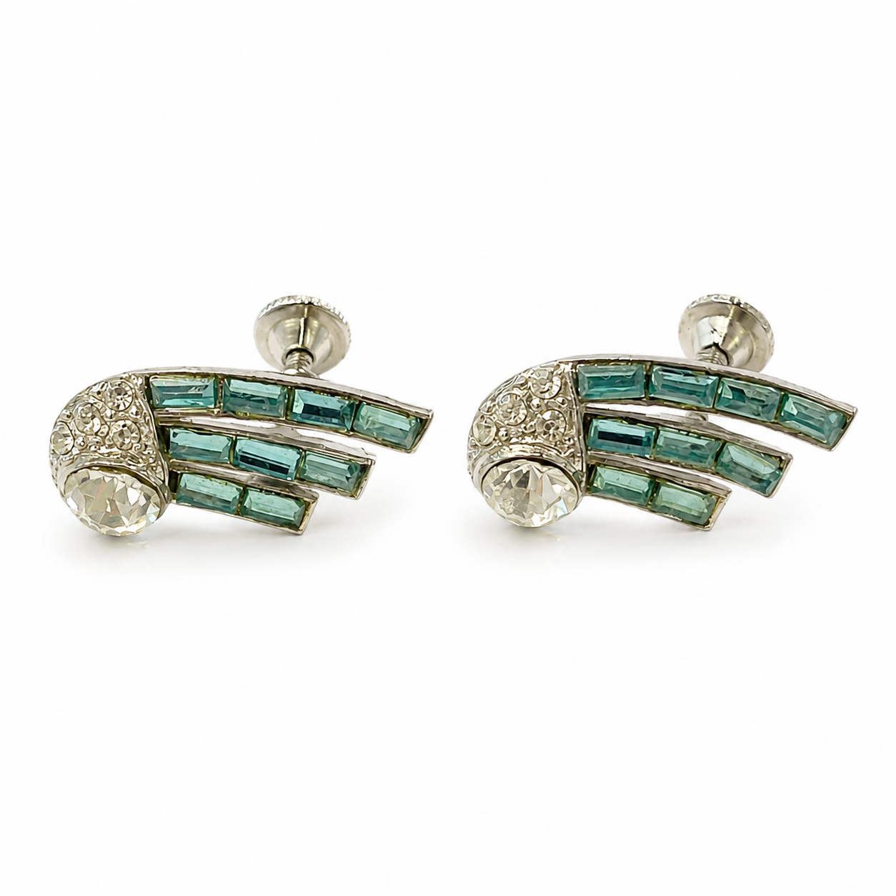 Vintage Nemo Blue & Clear Rhinestone Earrings - Silver Tone Screw-Back