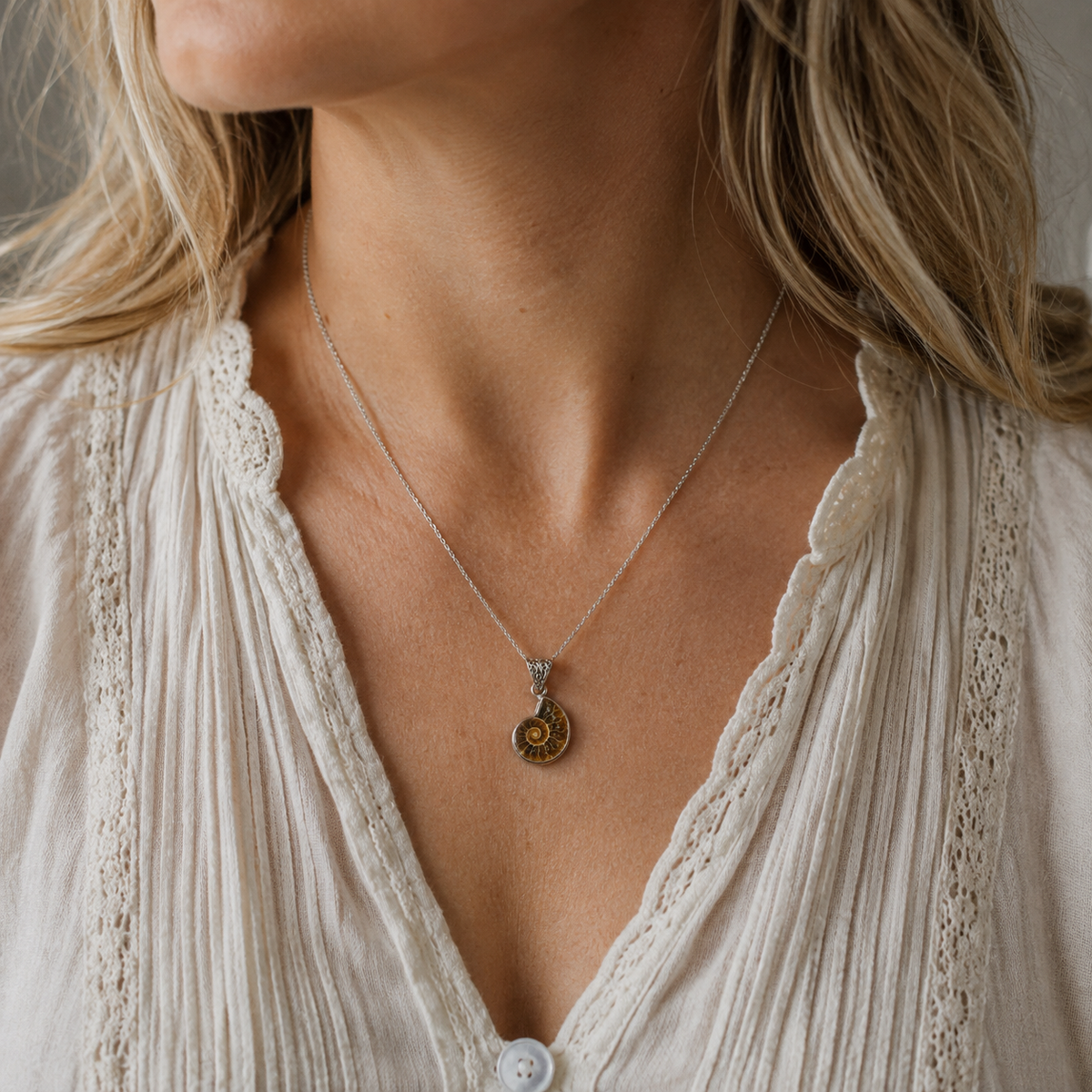 Ammonite Fossil Pendant in Sterling Silver Setting - Natural Texture
