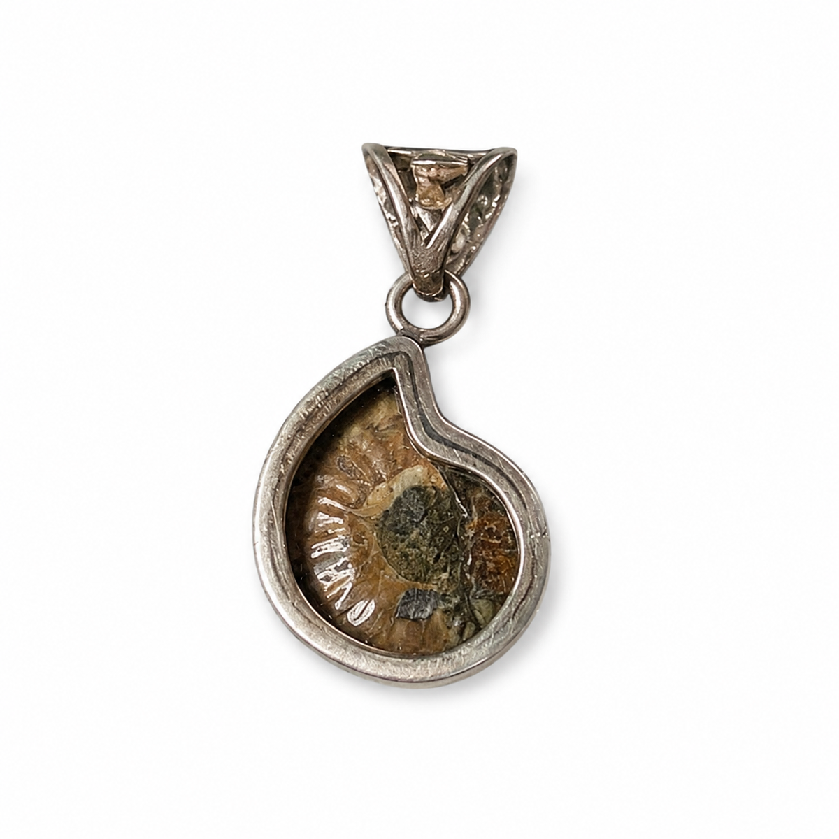 Ammonite Fossil Pendant in Sterling Silver Setting - Natural Texture