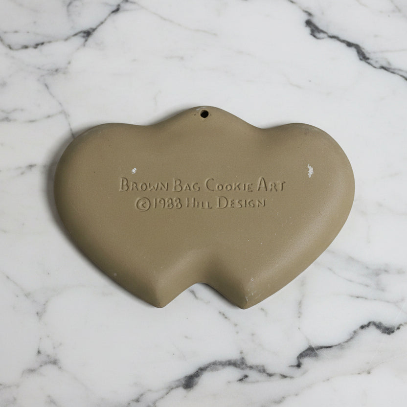 1988 Stoneware Brown Bag Double Hearts Cookie Art Mold by Hill Design