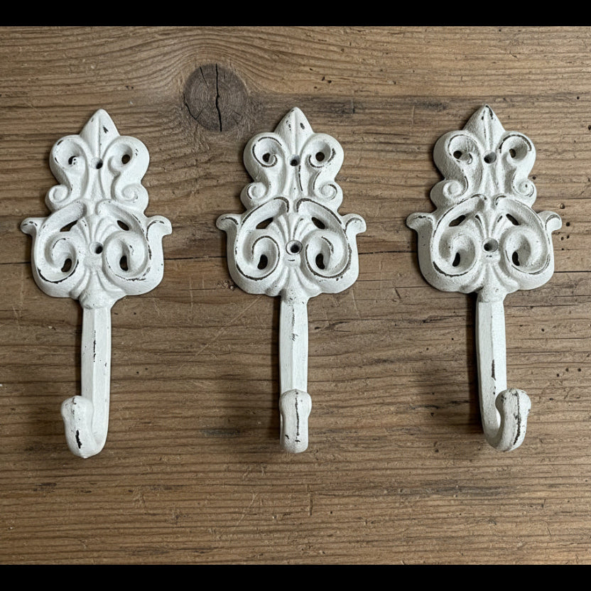 Decorative White Cast Iron Wall Hook - Set of 3