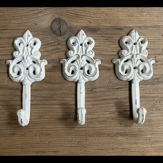 Decorative White Cast Iron Wall Hook - Set of 3