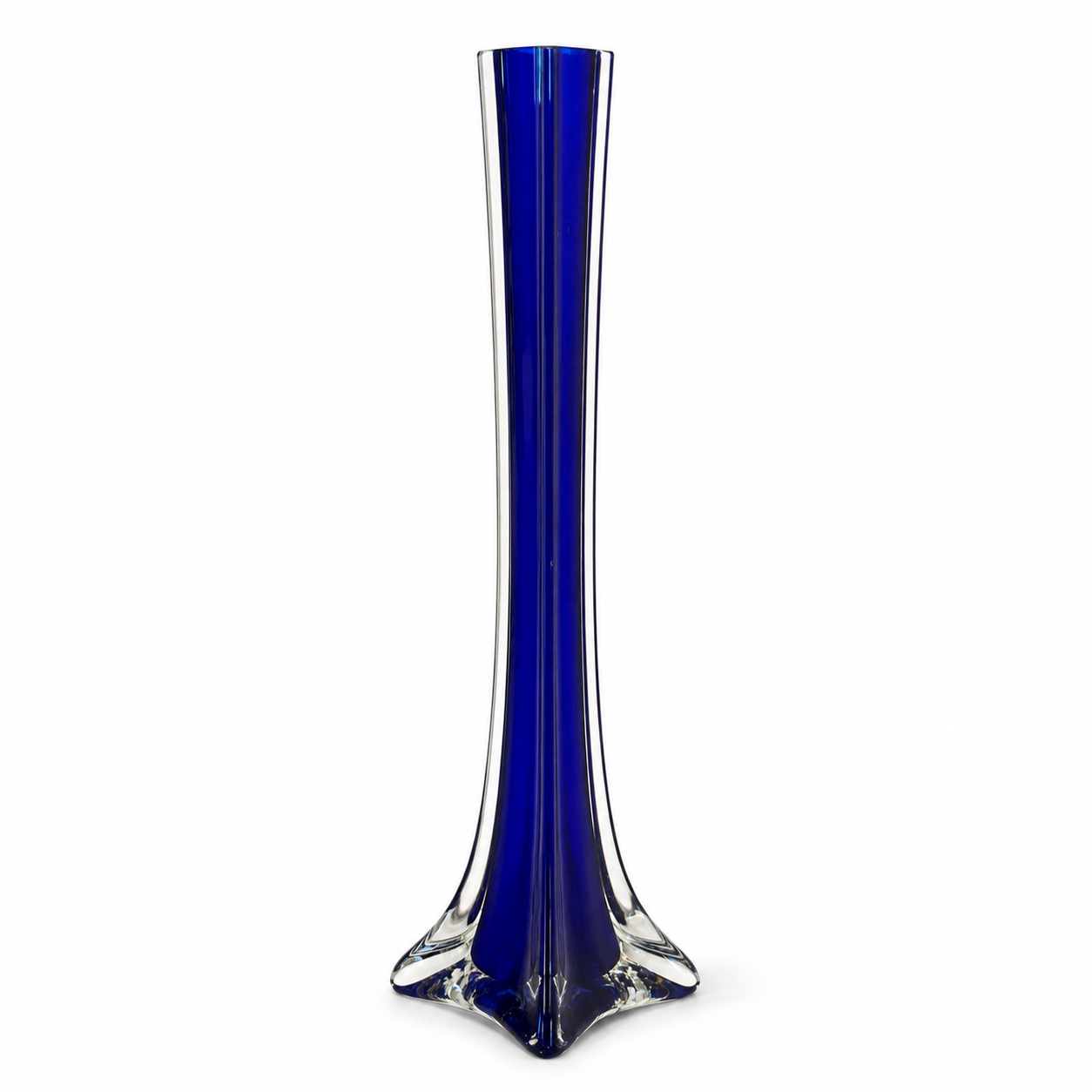 Vintage Cobalt Blue Glass Bud Vase with Clear Base - 11.75 Inch Tall