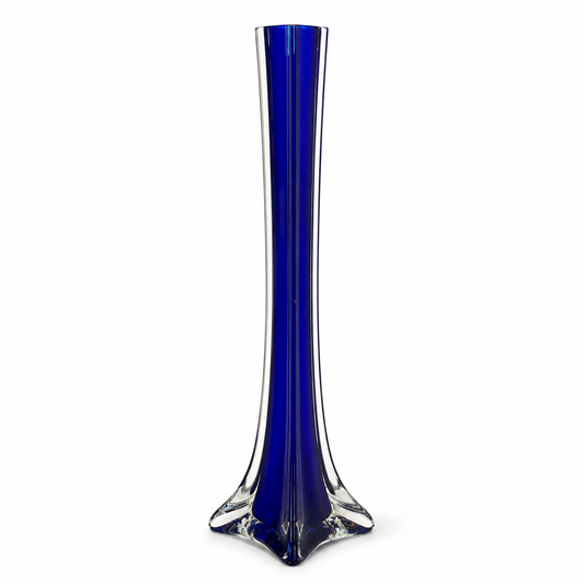Vintage Cobalt Blue Glass Bud Vase with Clear Base - 11.75 Inch Tall