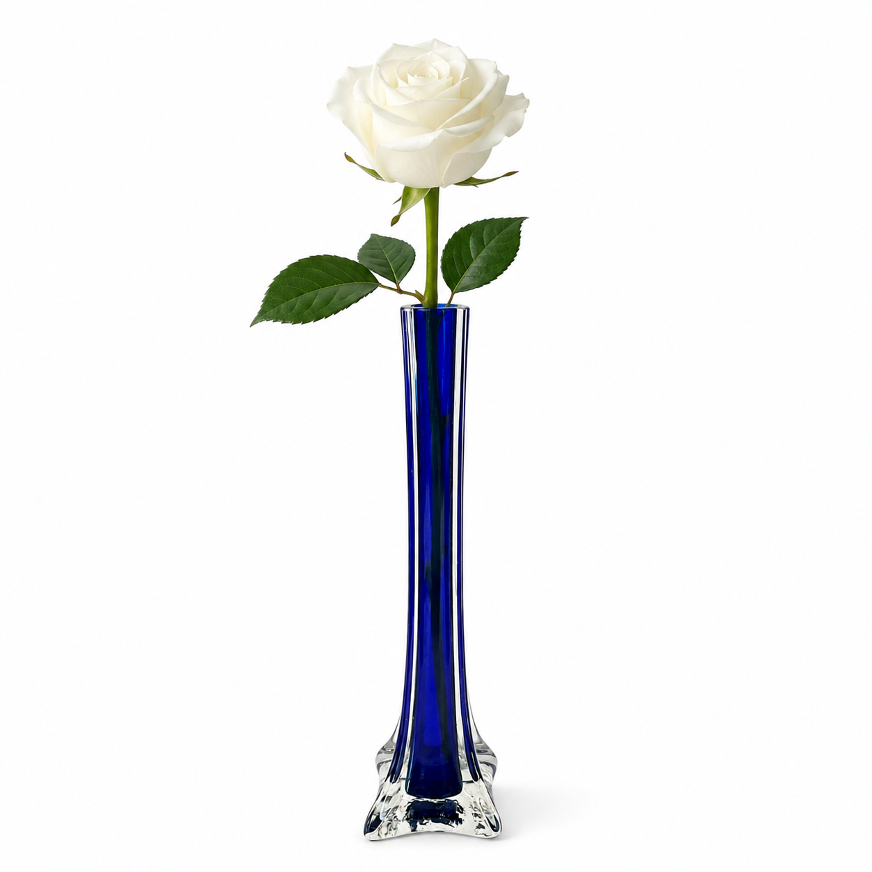 Vintage Cobalt Blue Glass Bud Vase with Clear Base - 11.75 Inch Tall