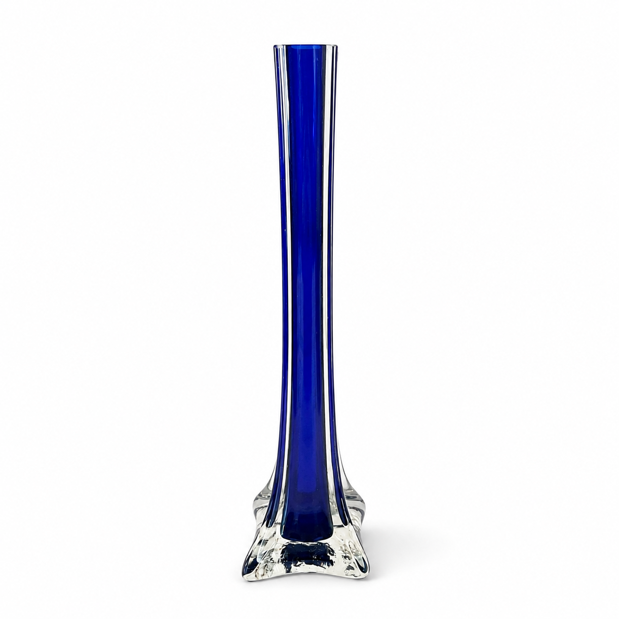 Vintage Cobalt Blue Glass Bud Vase with Clear Base - 11.75 Inch Tall