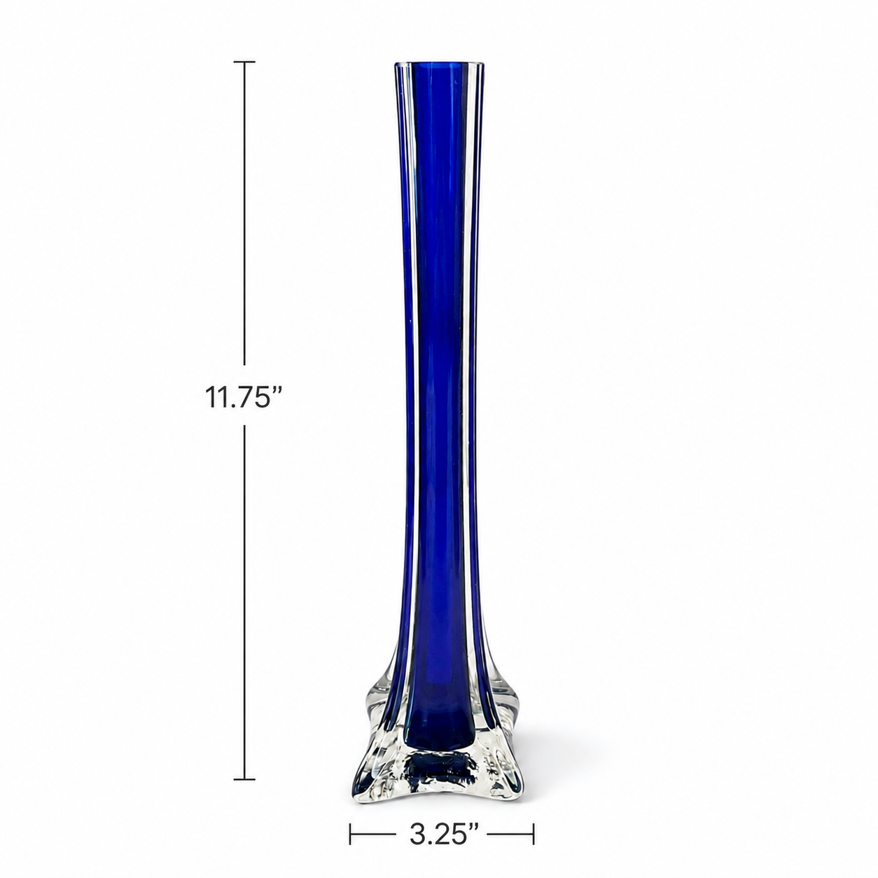Vintage Cobalt Blue Glass Bud Vase with Clear Base - 11.75 Inch Tall