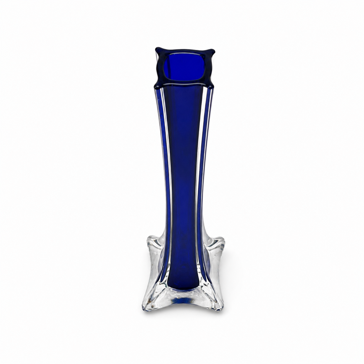 Vintage Cobalt Blue Glass Bud Vase with Clear Base - 11.75 Inch Tall