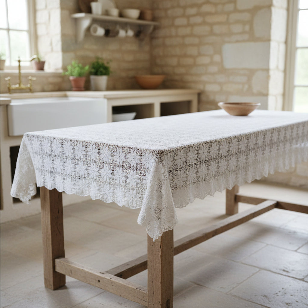 Vintage Hand Crochet Tablecloth - White Cotton 48 x 70 Farmhouse Decor