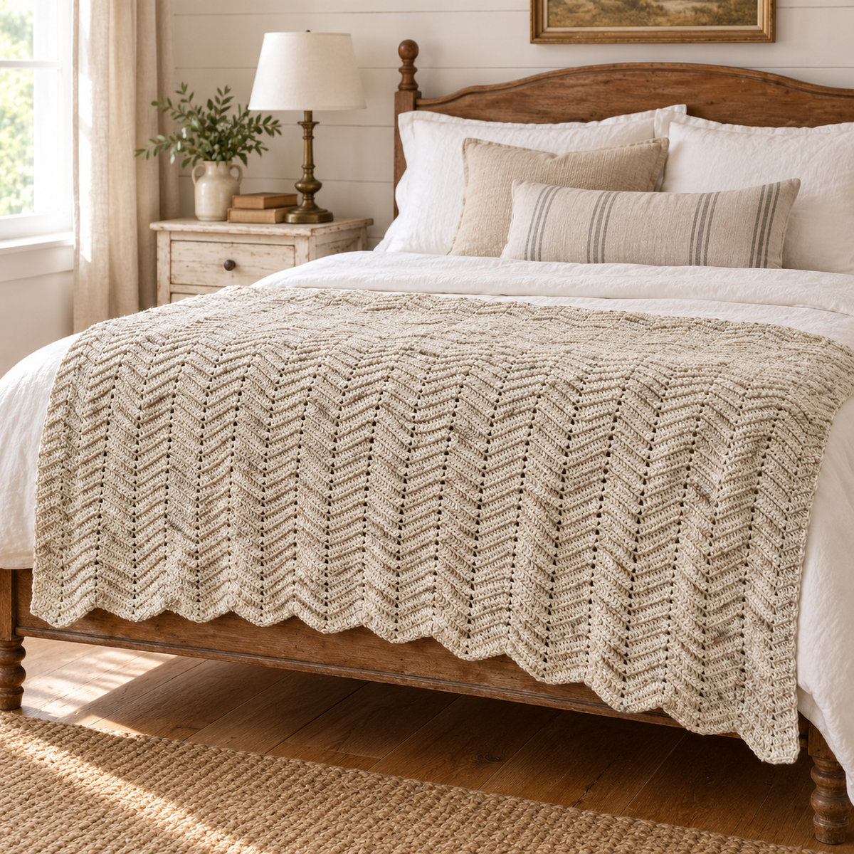 Vintage Handmade Chevron Crochet Throw Blanket – 63 x 60 Inch