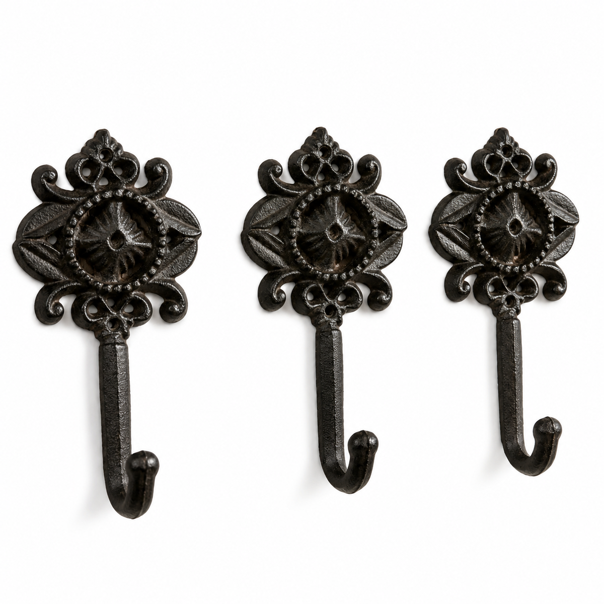 Decorative Cast Iron Wall Hooks – Set of 3 - Rustic Farmhouse Decor