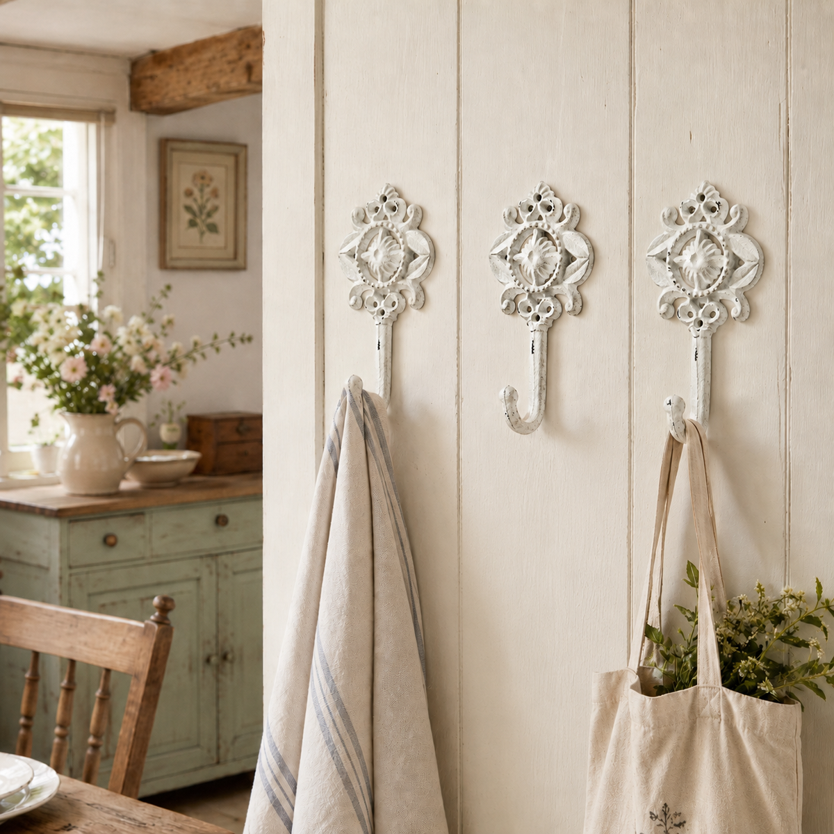 Decorative White Cast Iron Wall Hooks – Set of 3 - Farmhouse Style