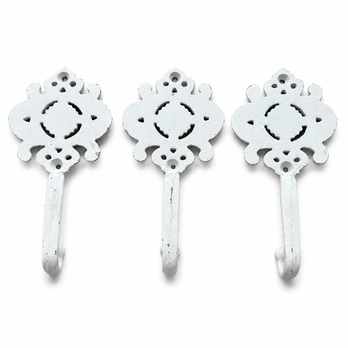 Decorative White Cast Iron Wall Hooks – Set of 3 - Farmhouse Style