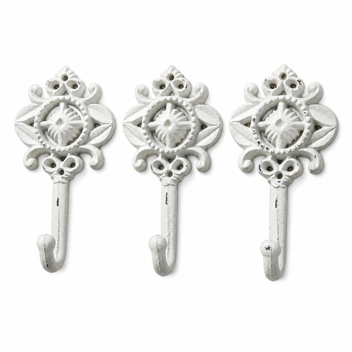 Decorative White Cast Iron Wall Hooks – Set of 3 - Farmhouse Style