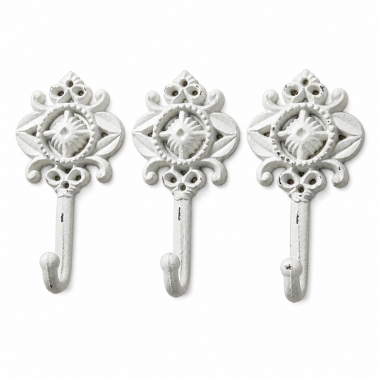 Decorative White Cast Iron Wall Hooks – Set of 3 - Farmhouse Style