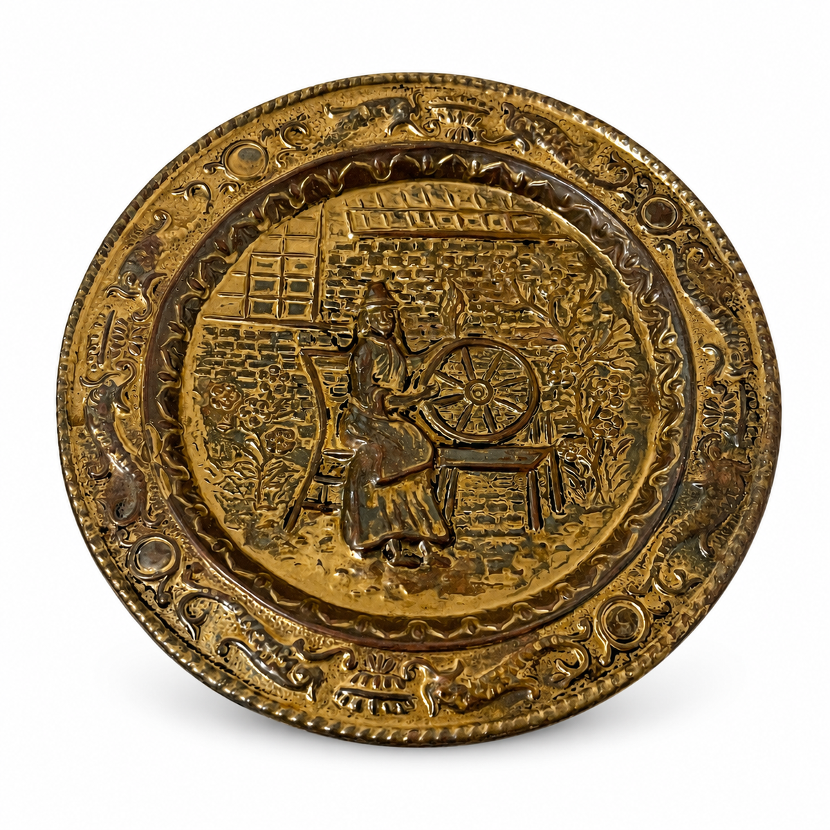Vintage English Brass-Tone Wall Plaque – Woman at Spinning Wheel