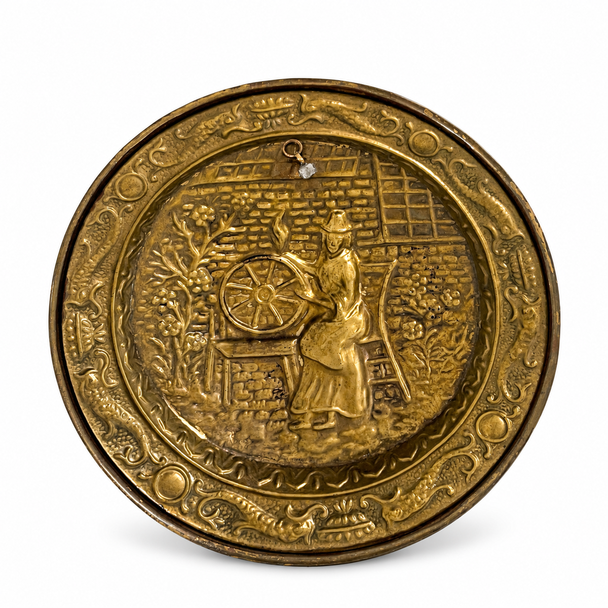 Vintage English Brass-Tone Wall Plaque – Woman at Spinning Wheel