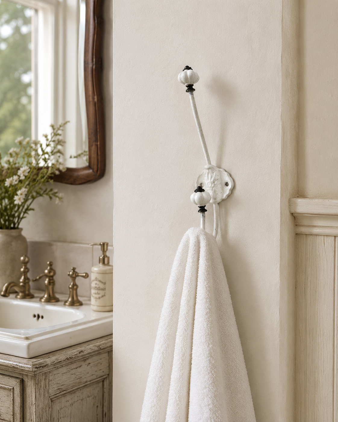 Vintage Inspired Double Wall Hook – Metal & Porcelain Farmhouse Decor