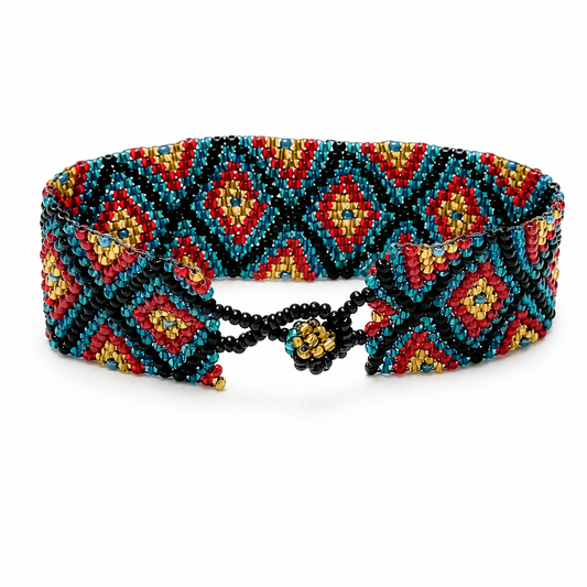 Vintage Flat Peyote Beaded Bracelet - 7.25" Boho Inspired Jewelry