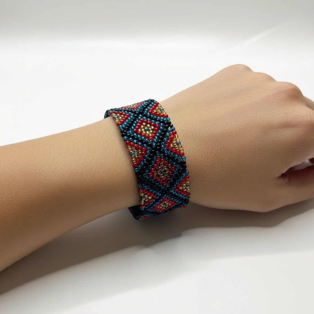 Vintage Flat Peyote Beaded Bracelet - 7.25" Boho Inspired Jewelry 