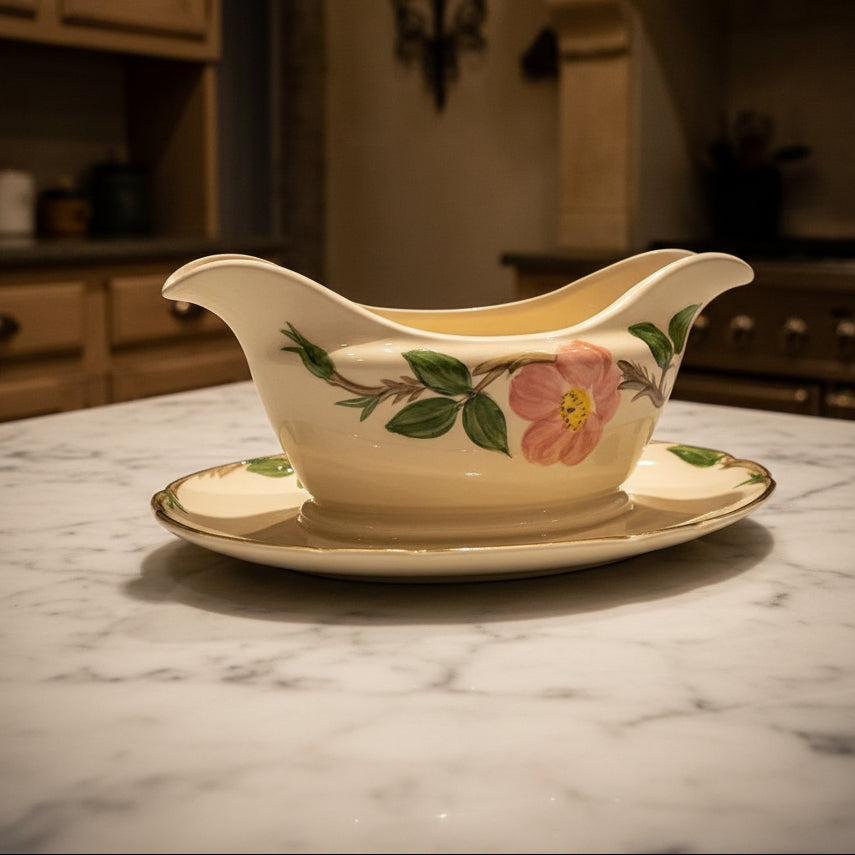 Vintage Franciscan Desert Rose Gravy Boat & Stand