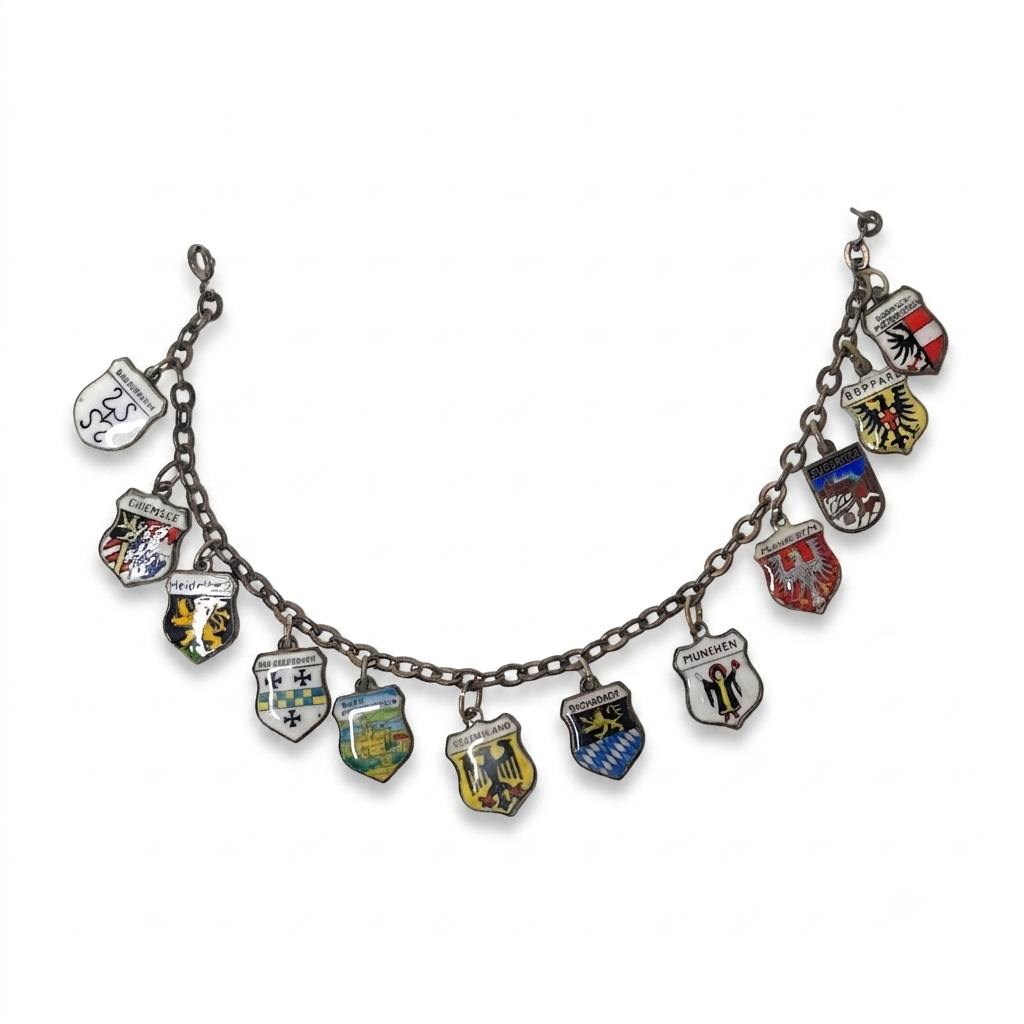 Vintage European Crest - 21 Enamel Charms Bracelet Sterling Silver