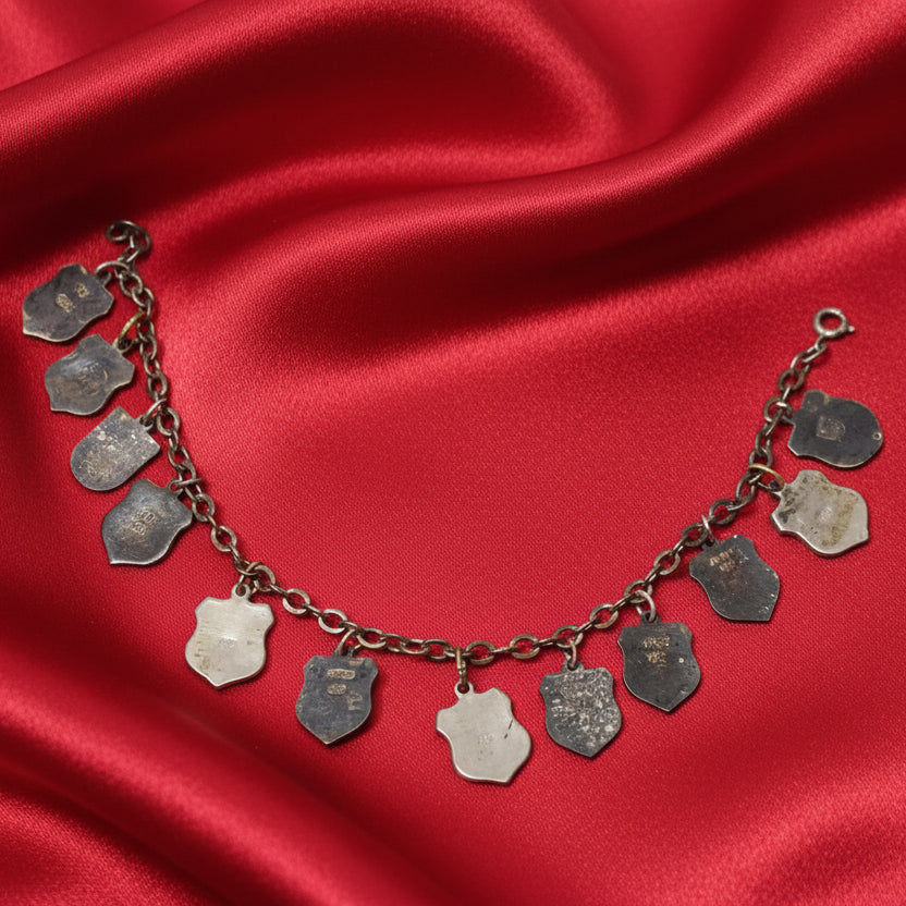 Vintage European Crest 21 Enamel Charms Bracelet Sterling Silver