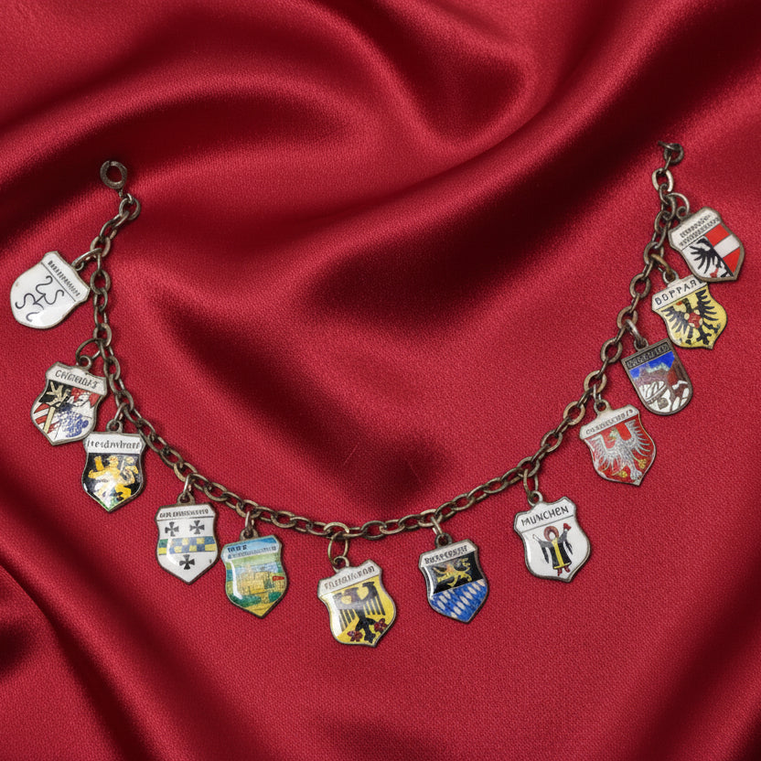 Vintage European Crest 21 Enamel Charms Bracelet Sterling Silver