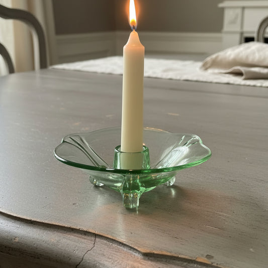 Vintage Green Glass Footed Candle Holder Small Low Profile Candle Stand