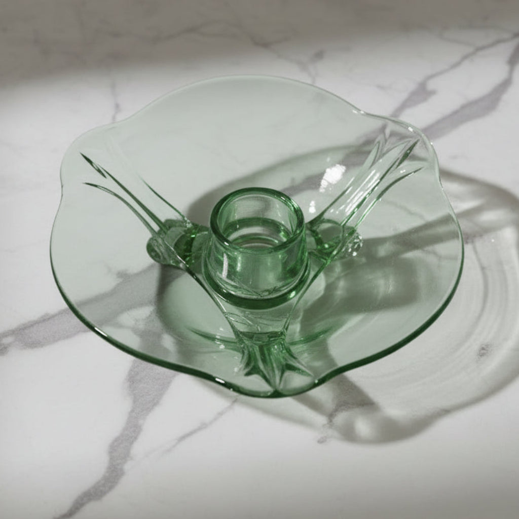 Vintage Green Glass Footed Candle Holder Small Low Profile Candle Stand
