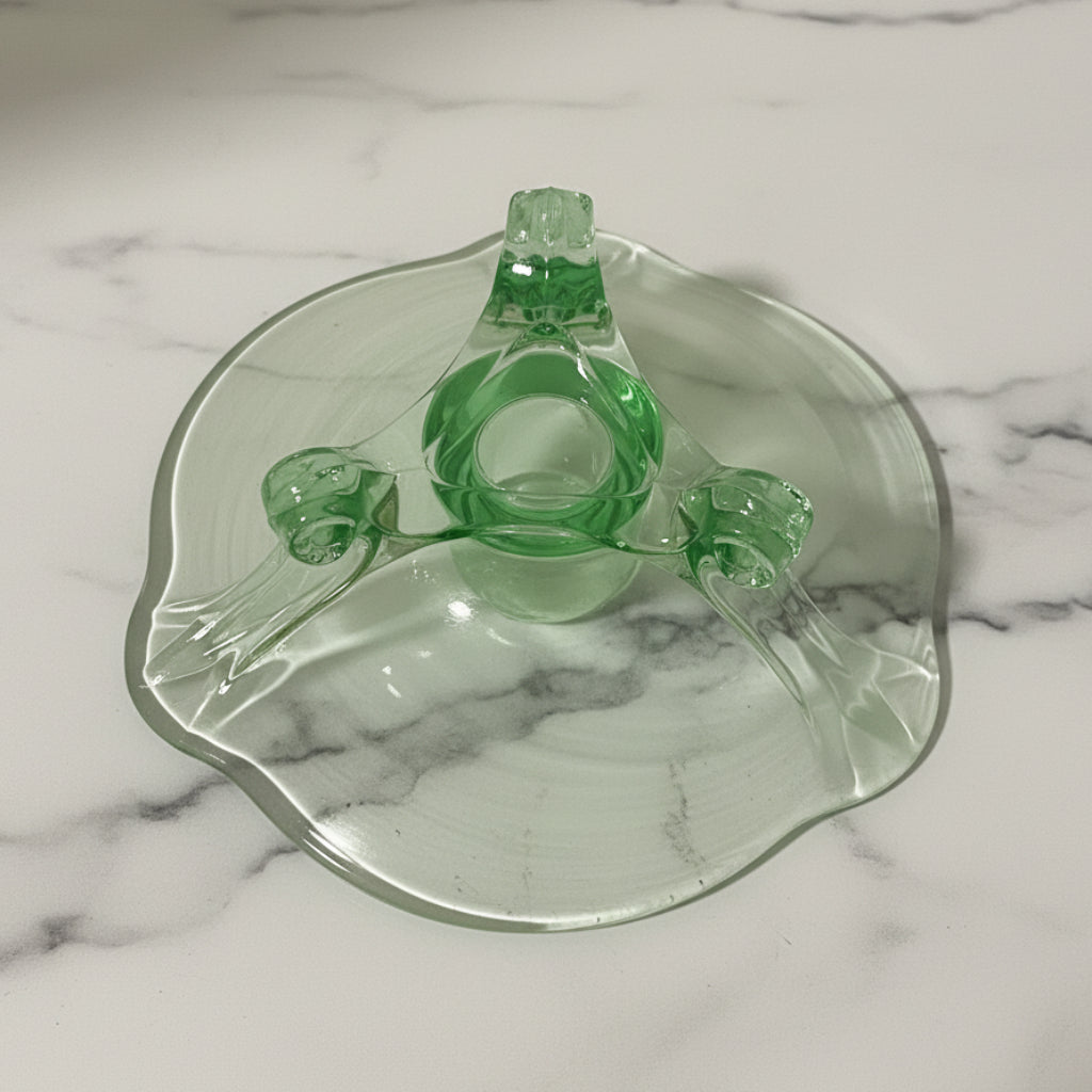 Vintage Green Glass Footed Candle Holder Small Low Profile Candle Stand