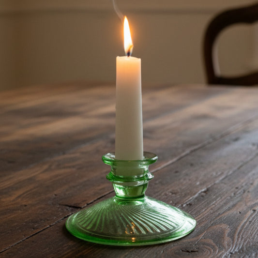 Vintage Green Ribbed Glass Taper Candle Holder with Wide Base