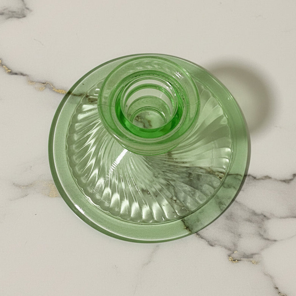 Vintage Green Ribbed Glass Taper Candle Holder with Wide Base