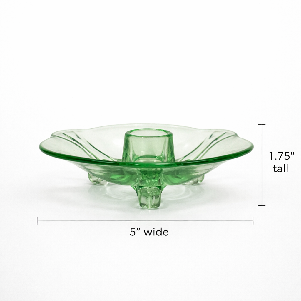 Vintage Green Glass Footed Candle Holder Small Low Profile Candle Stand