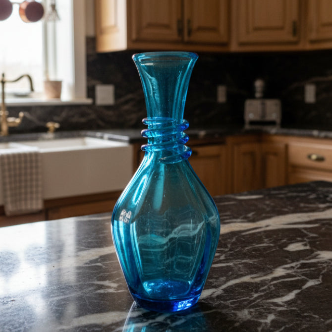 Vintage Hand Blown Blue Glass Water Carafe - Elegant Tableware
