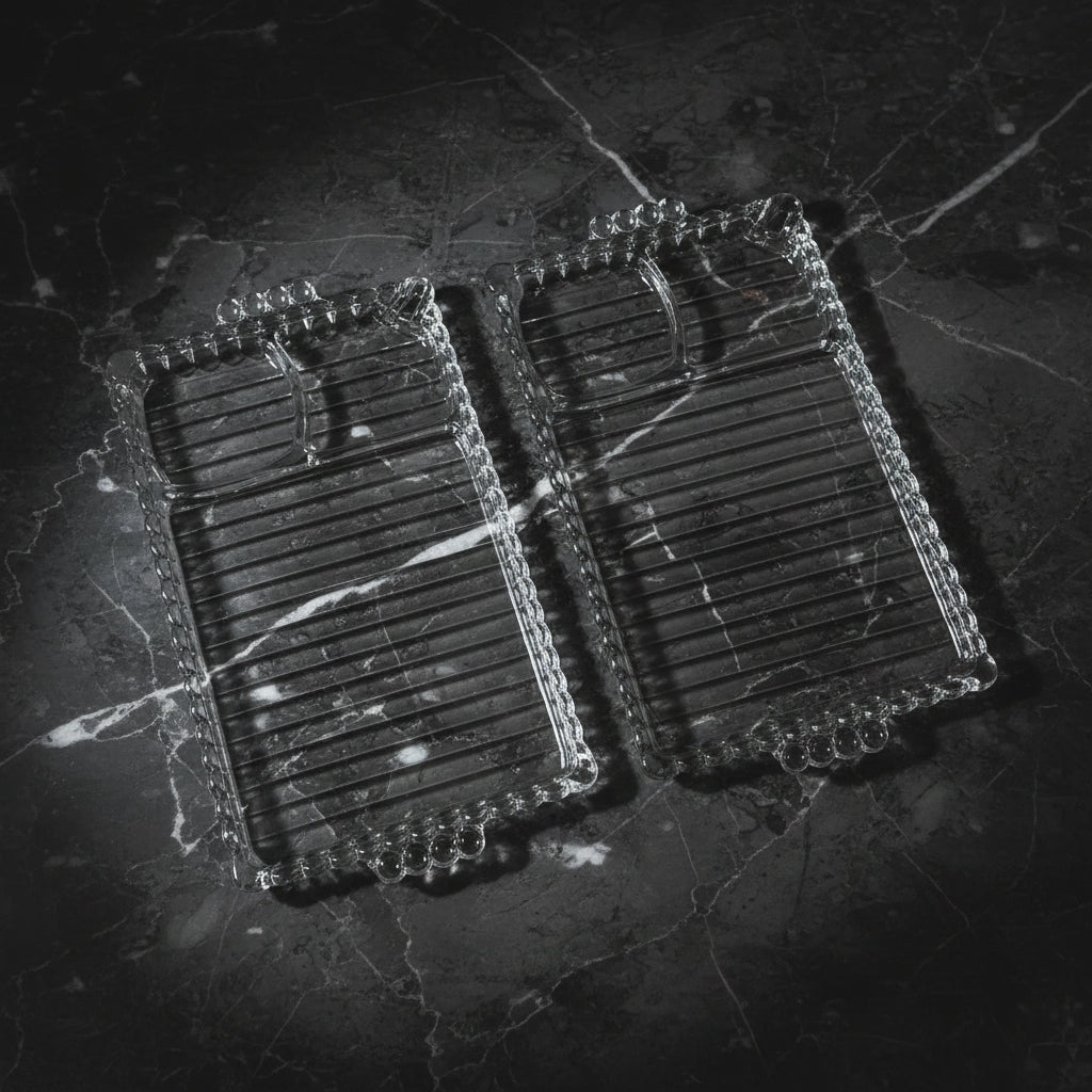 1950s Hazel-Atlas Ball & Ribbed Sip, Snack & Smoke Tray - Set of 2