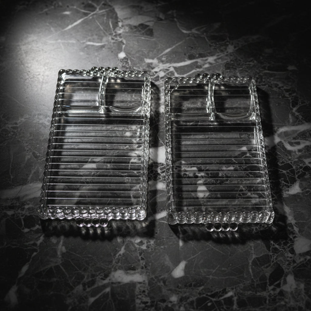 1950s Hazel-Atlas Ball & Ribbed Sip, Snack & Smoke Tray - Set of 2