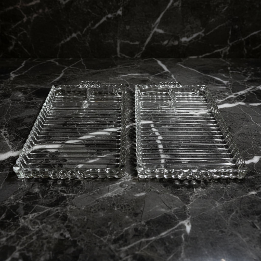 1950s Hazel-Atlas Ball & Ribbed Sip, Snack & Smoke Tray - Set of 2