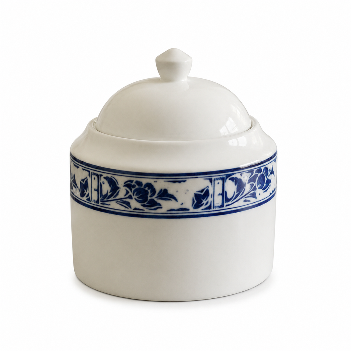 Kakusho Blue & White Flower Pinion Sugar Bowl - Japanese Ceramic Dish