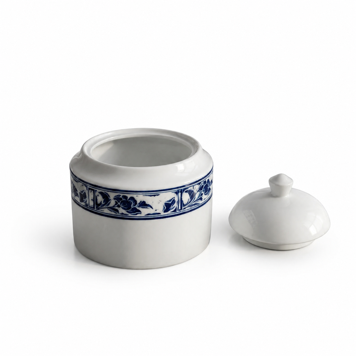 Kakusho Blue & White Flower Pinion Sugar Bowl - Japanese Ceramic Dish